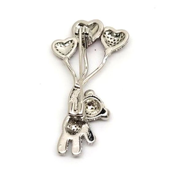 Rhodium Plated Silver Round CZ Bear & Balloons Pin - Picture 3 of 4